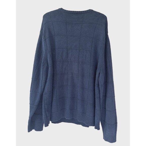 Vintage Mens XL Navy Blue Window Pane Knit Sweater Grandpa Preppy Fisherman Prep - Picture 2 of 7